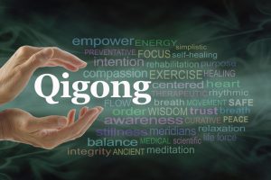 Qigong word cloud and healing hands – female cupped hands with the word QIGONG between surrounded by word cloud on a flowing green light and dark background Qigong word cloud and healing hands - female cupped hands with the word QIGONG between surrounded by word cloud on a flowing green light and dark background